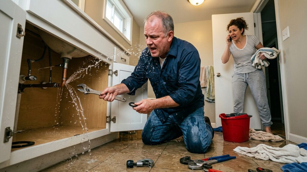 Water flooding from under a kitchen sink