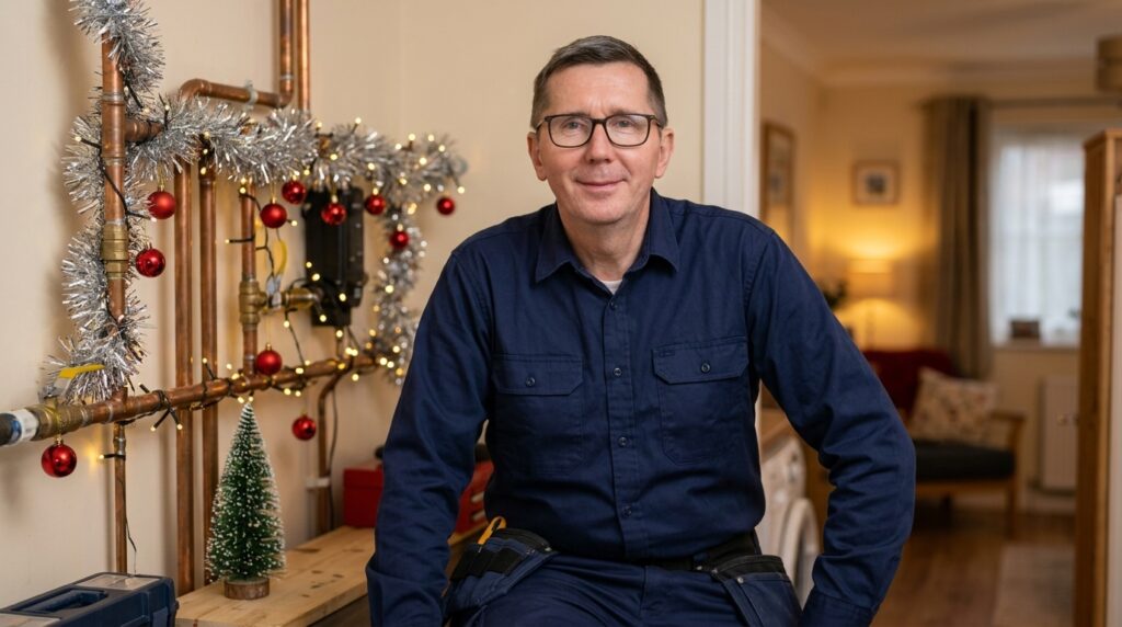 Plumber with Christmas decorations on copper pipes