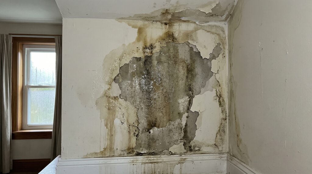 Water damage and damp on a wall from a hidden leak
