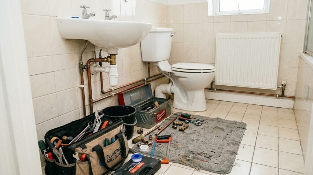 Plumber tools and copper pipes in a bathroom