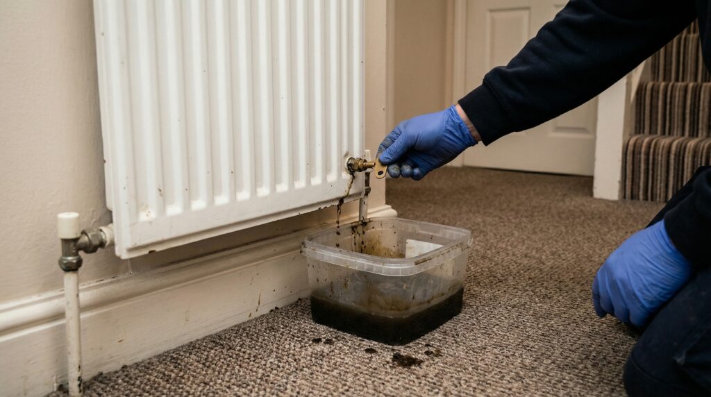 Dirty water draining from a radiator bleed valve during power flush