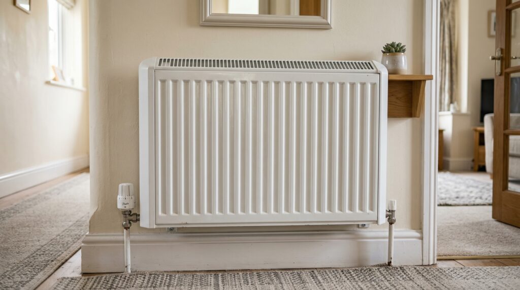 White radiator with TRV valve in a living room