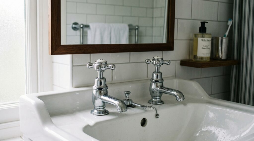 Chrome bathroom taps on a white sink