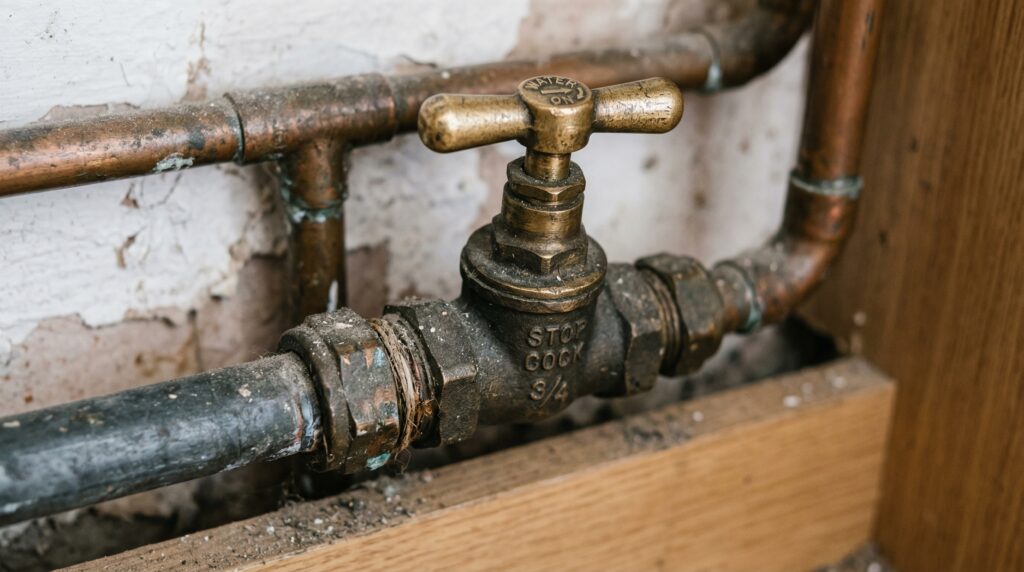 Brass stopcock valve on copper pipes