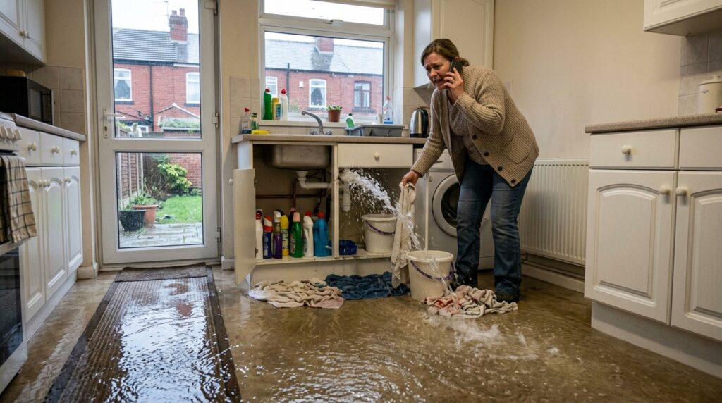 Woman on phone with water flooding kitchen from burst pipe