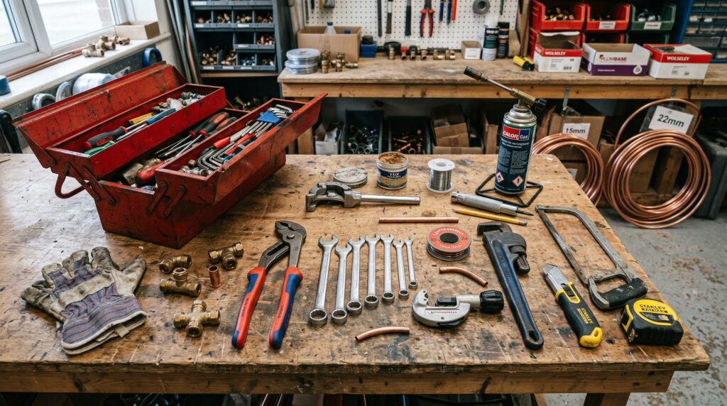 Plumbing tools laid out on a workbench