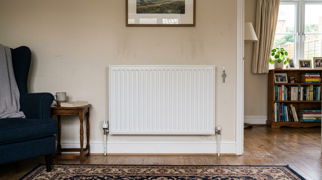 White radiator on wall in a living room