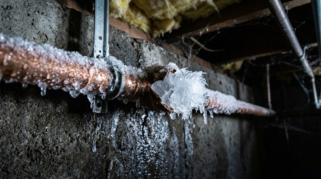 Frozen copper pipes covered in ice